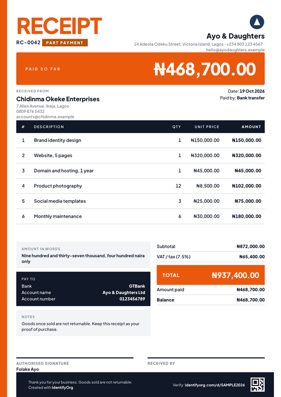 Bold style receipt example