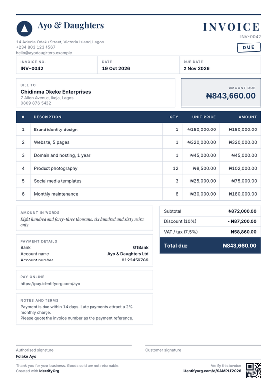 Classic style invoice example