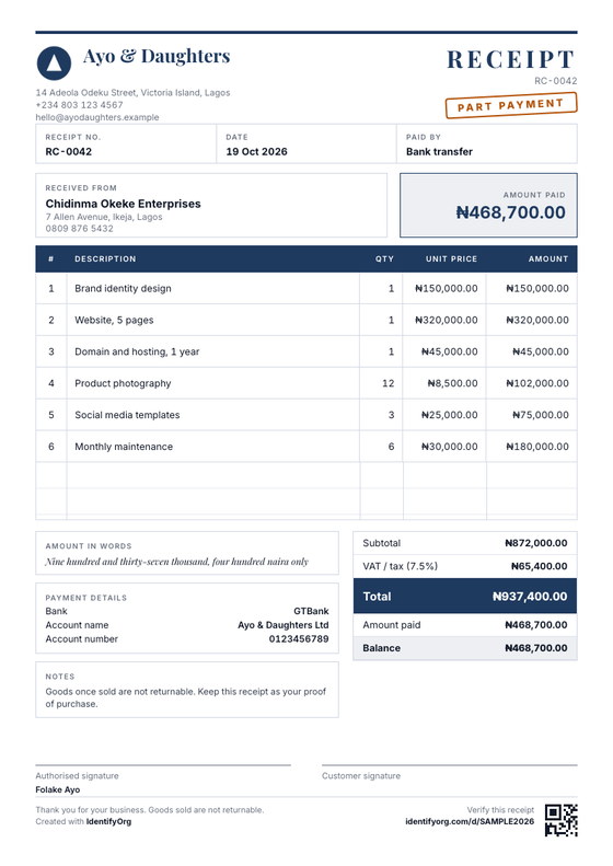 Classic style receipt example