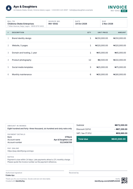 Compact style invoice example