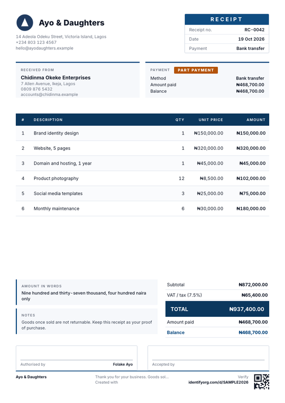 Corporate style receipt example