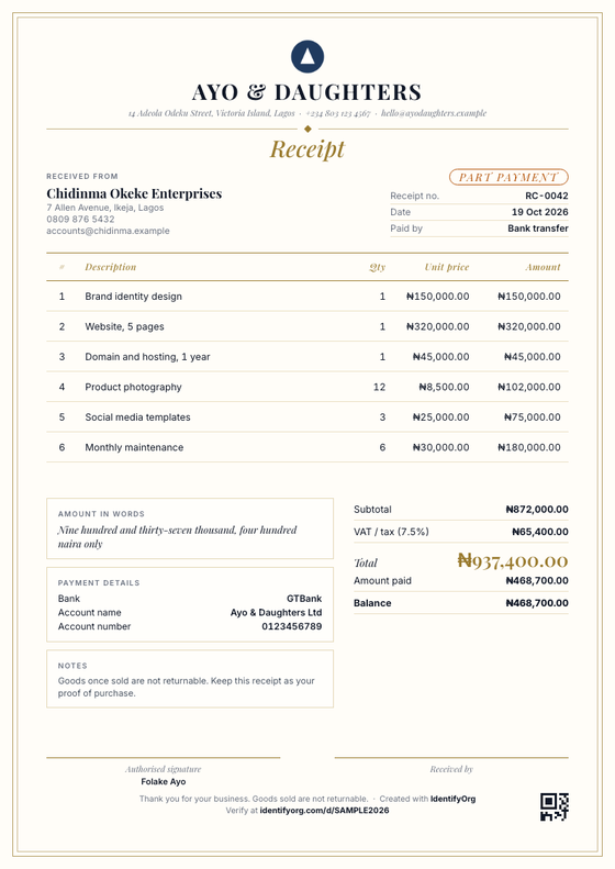 Elegant style receipt example