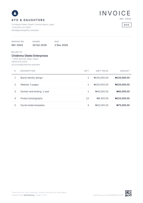 Minimal style invoice example