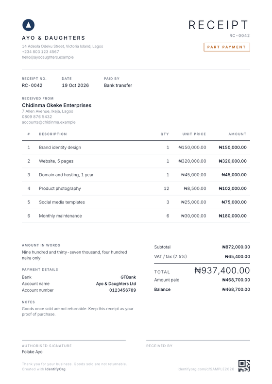 Minimal style receipt example