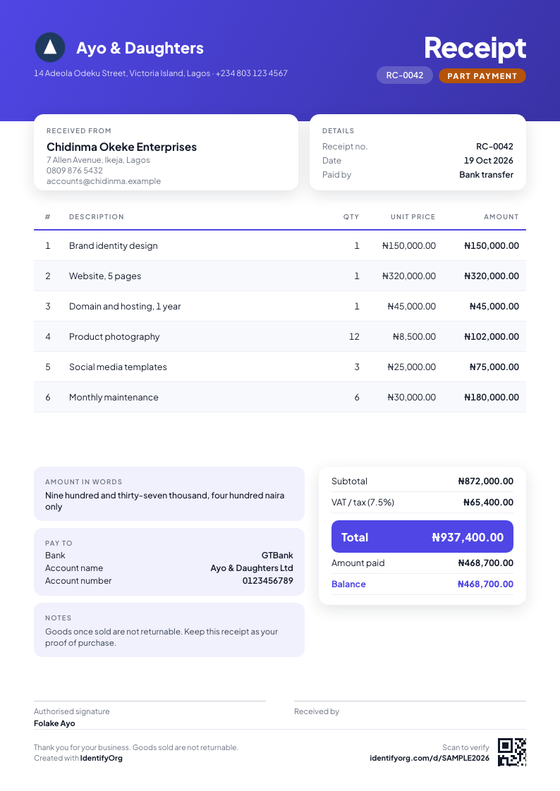 Modern style receipt example